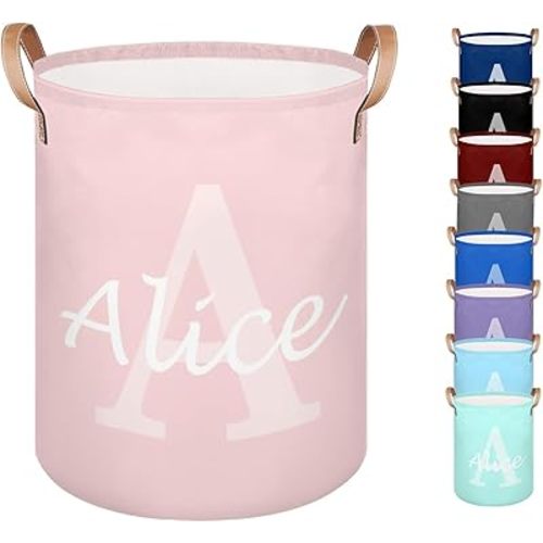 Custom Laundry Basket with Name, Personalized Baby Laundry Hamper for Bedroom Bathroom, Round Storage Basket with Handle for Men Women Blue White