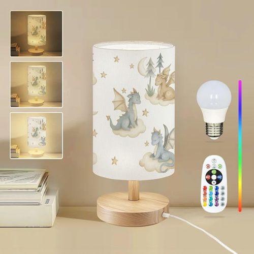 Round Table Lamp for Bedroom Dragon Baby Animals Watercolor Seamless Beside Lamps Desk lamp with Wood Base Nightstand Lamps for Nursery Living Room Home Decor