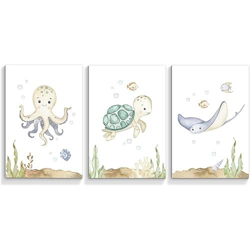 Yuaruo Ocean Animal Nursery Canvas Wall Art, 3 Piece Under The Sea Artwork Poster, Cute Life Aquatic Turtle Octopus Print Painting Decor for Baby Bedroom Playroom Classroom 12x16in Unframed