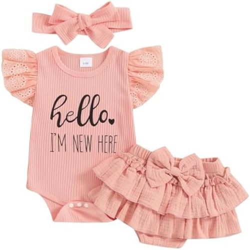 Mubineo Baby Girl Summer Clothes Hello Im New Here Outfits Newborn Romper Ruffle Skirt Shorts Coming Home Outfit