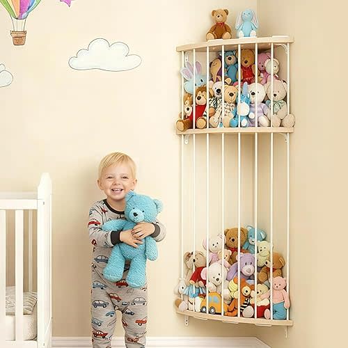 Feagar Double Layer Stuffed Animal Storage Wood Corner Plush Toys Holder, Adjustable Hanging Stuffed Animal Organizer Shelf for Nursery Playroom Bedroom