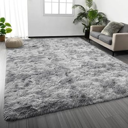 Large Shag Area Rugs 5 x 8, Tie-Dyed Plush Fuzzy Rugs for Living Room, Ultra Soft Fluffy Furry Rug for Bedroom, Indoor Carpet Nursery Rugs for Kids Room Home Decor, Light Grey