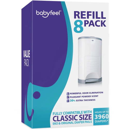 Dekor Classic Diaper Pail Refills | 8 Pack | Value Pack | Exclusive 30% Extra Thickness | Powder Scent | Fits Dekor Classic Size Diaper Pails | Powerful Odor Elimination | Holds up to 3960 Diapers