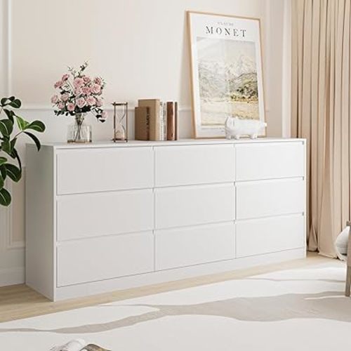 70.9” Dresser for Bedroom with 9 Drawers, Large Modern Chest of Drawers with Deep Drawers, Wide Double Dresser Handle Free, Storage Organizer for Bedroom, Living Room, Hallway (White)