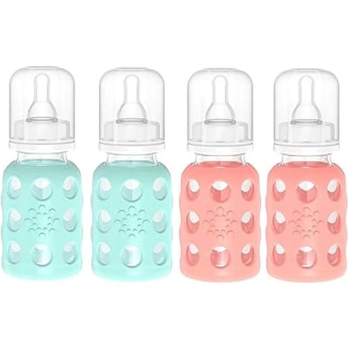 Lifefactory Glass Baby Bottles with Silicone Protection - 4-PACK, 4 oz Each Bottle (2- Mint & 2- Cantaloupe)