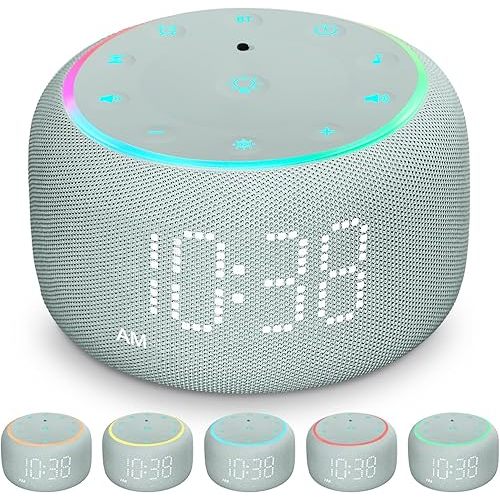 White Noise Machine Alarm Clock for Bedrooms - 5W Stereo Bluetooth Speaker - 24 Soothing Sounds - 9 Night Lights - Auto-Dimmable Digital Alarm Clock Sound Machine for Sleeping