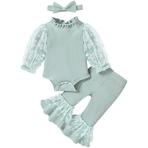 YOUNGER TREE Newborn Baby Girl Clothes Floral Romper Top Flared Pant Set Bell Bottom Infant Fall Winter Outfits 0-18M