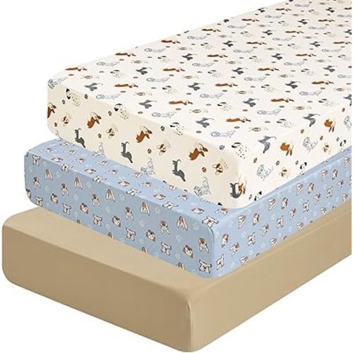 PHF 3 Pack Soft Pet Dogs Crib Sheets Fitted, Comfy Breathable Baby Sheets for Boys Girls, 28x52 Inches Fits Standard Crib and Toddler Mattresses, Pet Dogs