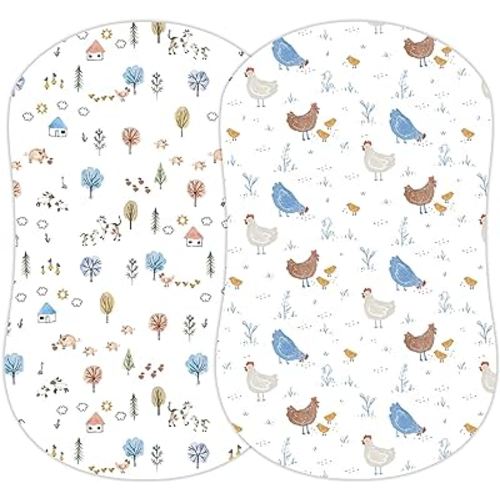 2-Pack Fitted Bassinet Sheets (Farm Animals) - Buttery Soft Cotton Blend for Standard Bassinet