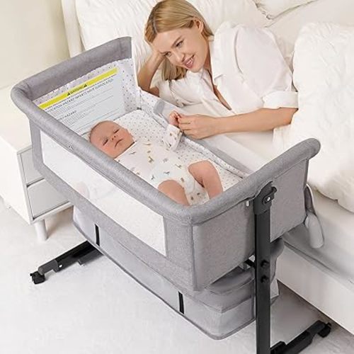 Baby Bassinet, 3 in 1 Bassinet Bedside Sleeper, Adjustable Height Bedside Sleeper with Rocking Mode, Breathable Mesh, Storage Basket, Wheels, Easy Assemble & Folding (Gray)