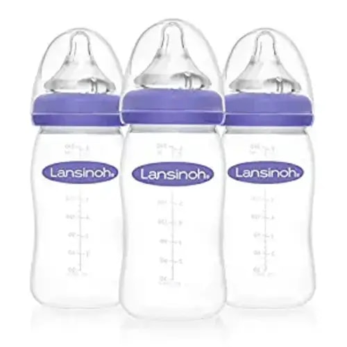 Lansinoh Anti-Colic Baby Bottles for Breastfeeding Babies, 8 Ounces, 3 Count, Includes 3 Medium Flow Nipples, Size M - 8 Ounce, 3 Count
