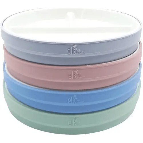 Elk and Friends Kids 7.8” Porcelain White Plates with Silicone Sleeves | Divided Plates | Suitable for Kids/Toddlers | Microwave & Dishwasher Safe | Non Slip | Snack Dishes…