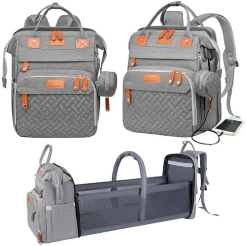 Baby Diaper Bag with Changing Station, Waterproof Diaper Bag Backpack for Mom/Dad, Baby Shower Gifts, w/USB Charging Port, Insulated Bottle Holders & Pacifier Case, XL Storage Backpack, Grey