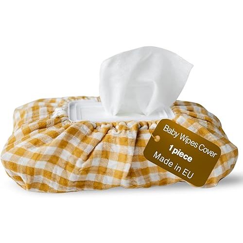 Baby Wipes Cover – Universal Size, One Size Fits All Wipes Packages | Muslin Cotton Tissue Cover for Nursery, Diaper Bag & Changing Table, Station | Gingham & Neutral Patterns (Mustard Yellow Gingham)