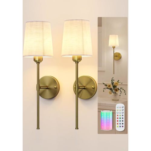 Rechargeable Wall Lights, Battery Operated Wall Sconce Set of 2, 7500mAh, Dimmable, Remote Control, Timer, Magnetic Bulb, 3 Color Temps, RGB, Wireless Wall Lamps, for Bedroom Living Room Hallway Decor