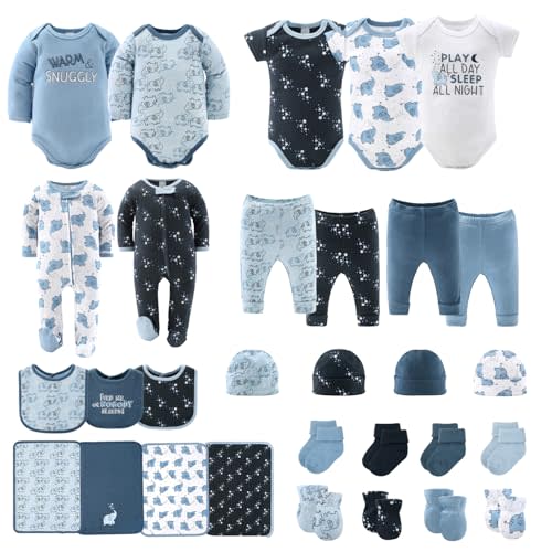 The Peanutshell Baby Layette Gift Set for Boys - 30 Piece Layette Set, Newborn to 9 Months Baby Boy Clothes - Elephant Blue