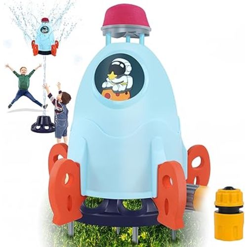 Outdoor Water Sprinkler for Kids & Toddlers - Rocket Design Water Powered Liftoff 9-16ft & Spin, Outside Kids Sprinkler for Yard Pool Garden - Summer Water Toys Birthday Gift