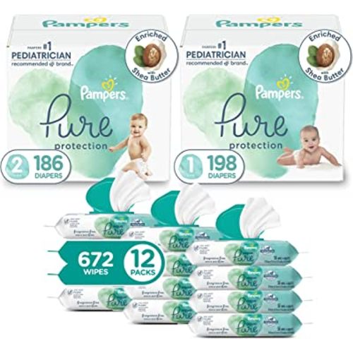 Pampers Pure Protection Disposable Baby Diapers Starter Kit (2 Month Supply), Sizes 1 (198 Count) & 2 (186 Count) with Aqua Pure Sensitive Wipes, 12X Pop-Top Packs (672 Count)