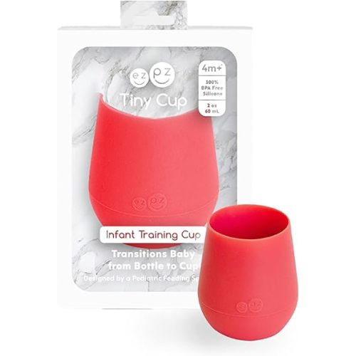ezpz Tiny Cup (Coral) - 100% Silicone Training Cup for Infants - 4 months + - Designed by a Pediatric Feeding Specialist - Baby-led Weaning Essentials & Baby Gifts