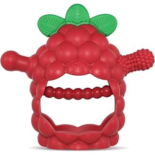 RaZbaby RaZberry Grip Silicone Teether Toy for 3M+ | Drop Resistant Hand Held Teether for Babies and Infants - Designed by Nature with Our Patented BerryBumps Multitextured Design | 3M+, Red
