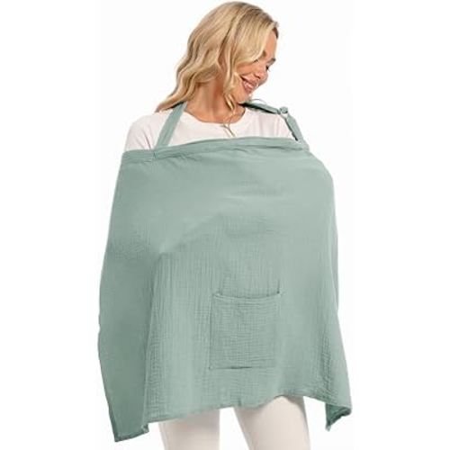 Wimst Muslin Nursing Cover Breastfeeding for Women, Soft and Breathable Breastfeeding Cover with Rigid Hoop for Nursing Apron, Baby Car Seat Cover, Carseat Canopy (Sage)