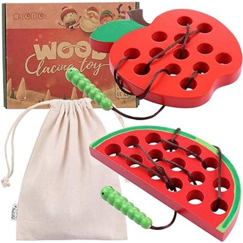 KLT Lacing Toy for Toddlers, Wooden Threading Toys, 1 Apple 1 Watermelon with Bag, Fine Motor Learning Activity for Kids, Travel Games for Plane Car Road Trip
