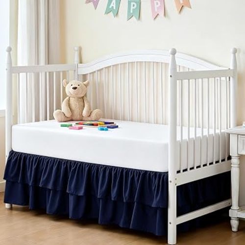 Ruffled Crib Bed Skirt 28"x 52" with 14" Drop, Soft Double Layer Nursery Dust Ruffle Skirt for Toddler Bedding/Baby Crib(Navy Blue)