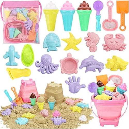 Beach Toys, Ice Cream Sand Toys for Toddlers, with Collapsible Bucket and Shovels for Kids with Bag, Travel Toys for Boys Baby Girls Age 3 4 5 6 7 8+