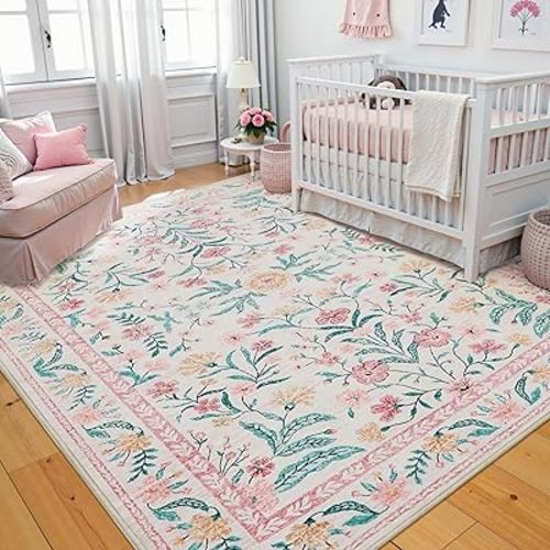 6x9 Pink Floral Rug for Girls Bedroom, Washable Soft Nursery Area Rug,Cute Boho Non Slip Carpet for Kids Room Decor