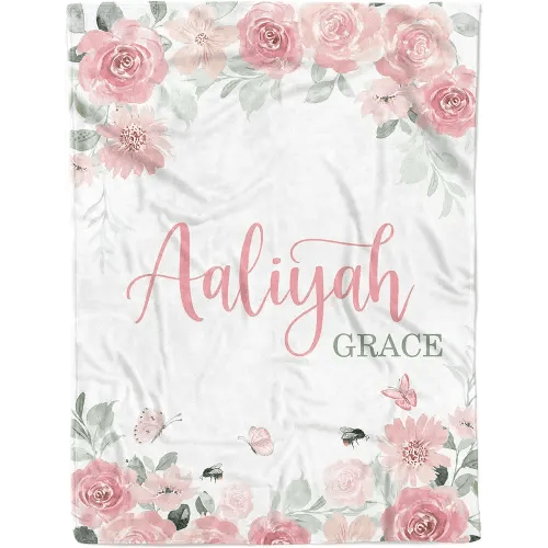 Personalized Baby Blankets for Girls, Customized Baby Blankets for Girls, Floral Rose Baby Blanket, Best Gift for Baby, Newborn, New Mom, Super Soft Plush Fleece, 30''x40''