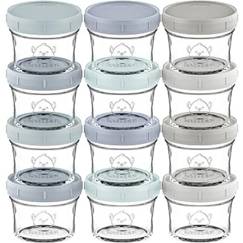 KeaBabies 12pk 4oz Glass Baby Food Containers - Leak-Proof, Microwavable Small Baby Glass Jars with Lids, Baby Food Storage Containers, Baby Snack Containers, BPA-Free Baby Food Jars (Slate)