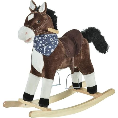 Qaba Kids Plush Ride-On Rocking Horse Toy Cowboy Rocker with Fun Realistic Sounds for Child 3-6 Years Old, Brown