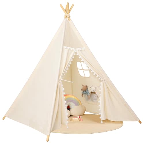 Sumbababy Kids Teepee Tent for Toddlers Indoor- Play Tents for Girls & Boys Slumber Party - Washable Tipi Sleepover Tent Kid Boho Toddler Tents with Lights & Carry Bag - Foldable Outdoor Gift Toys