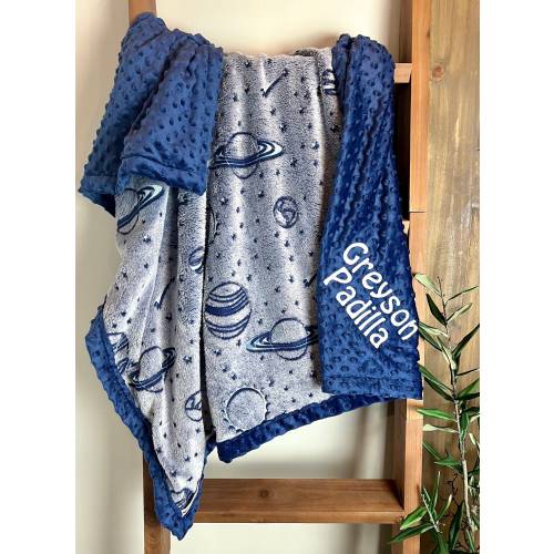 Personalized Outer Space Minky Blanket | Frame Style Border | Embroidery | Moon Pattern Minky | Navy Planets Glow Pattern | Galaxy l Soft