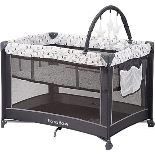 Pamo Babe Portable Playard,Sturdy Play Yard with Padded Mat and Toy bar with Soft Toys (Grey)