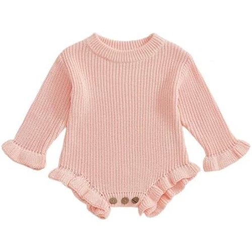 Newborn Baby Girl Sweater Romper Chunky Knit Jumper Solid Ruffle Long Sleeve Bodysuit Cute Infant Fall Winter Clothes