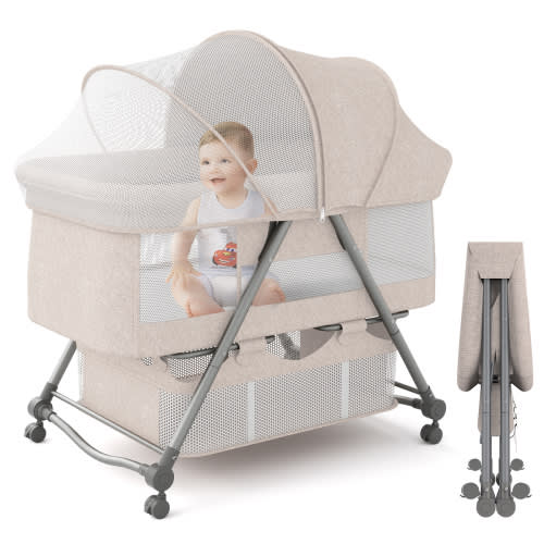 KORIMEFA Portable Crib for Baby, Baby Playards, Bedside Bassinet with Wheels, Heigt Adjustable, with Mosquito Nets, Large Storage Bag, for Infant Baby Newborn