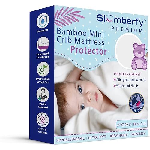 Mini Crib Mattress Protector by Slumberfy, Waterproof and Hypoallergenic Mattress Protector for Babies and Toddlers, Made of Bamboo Material -27x39 inches