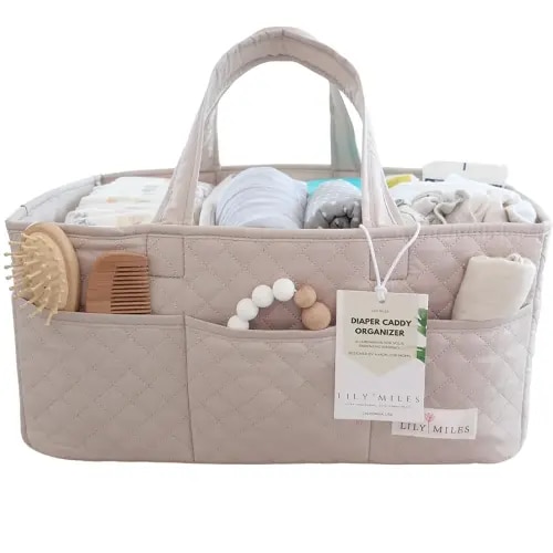 Lily Miles Baby Diaper Caddy Organizer, Quilted Nursery Storage Organizer for Newborn Essentials and Diaper Changing Station, Gift for Baby Shower and Registry Must-Have (Soft Sand)