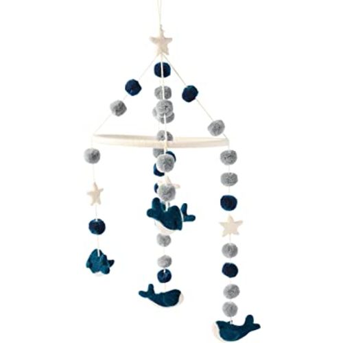 Mud Pie Nursery Baby Crib Mobile Wool Nautical Whales- Blue, Turquoise and White