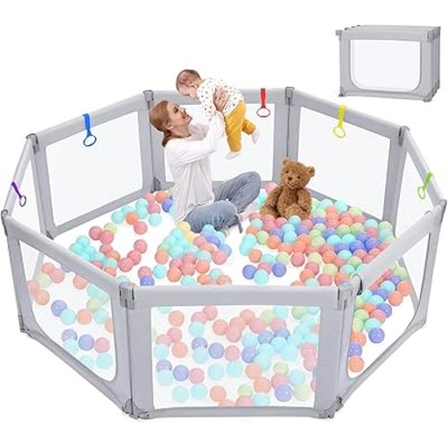 Kidirect Foldable Baby Playpen, 71"×69" Large Baby Playpen, Baby Play Pen with Upgrade Safety Gate, Playpen for Babies and Toddlers Ajustable Shape &Size, Indoor &Outdoor Portable Baby Play Yard, Grey