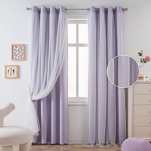 MYSKY HOME Lilac Curtains for Living Room Nursery Curtains 95 Inch Long Double Layer Curtains for Gilrs Room Cute Polka-Dots Sheer Grommet Room Darkening Window Curtain 2 Panels Set 52" x 95"