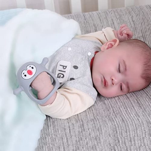Smily Mia Penguin Buddy Never Drop Silicone Baby Teething Toy for 0-6month Infants, Baby Chew Toys for Sucking Needs, Hand Pacifier for Breast Feeding Babies, Car Seat Toy for New Born, Grey - Ligjt Grey