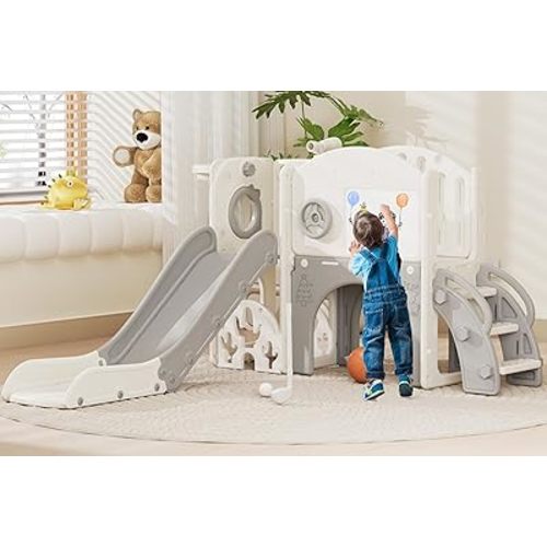 67i Indoor Toddler Slide with Drawing Board, Golf Set, Basketball Hoop - Kids Playground for 1-3 Year Olds, Non-Slip Steps & Storage Space (White Gray)