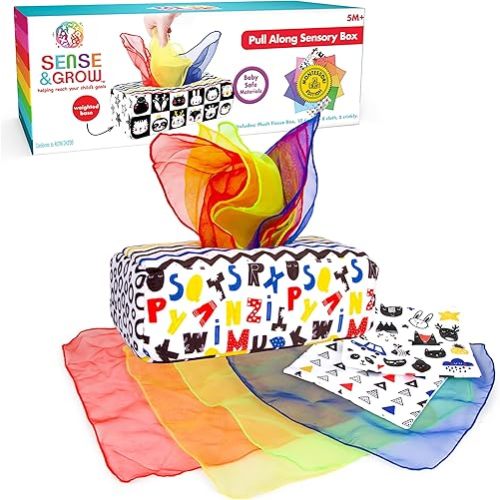 Creative Kids Pull Along Sensory Box Montessori Edition - High-Contrast Black and White First Colors Plush Tissue Box 5M+