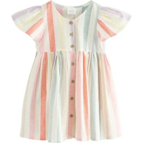 Kids' Rainbow Stripe Flutter Sleeve Cotton & Linen Dress, 12-18M