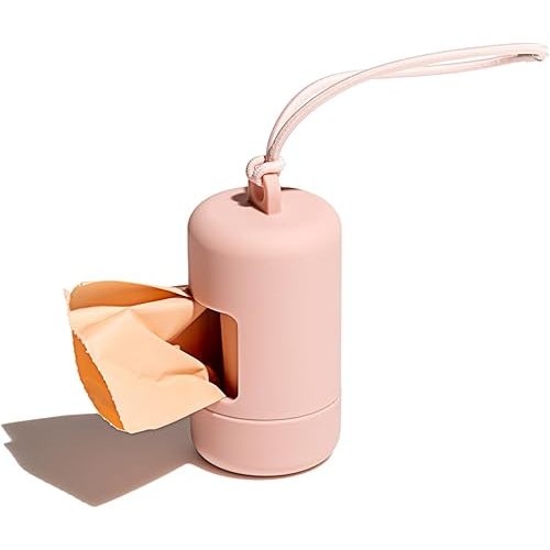 Wild One Dog Poop Bag Holder and Dispenser with Leash Attachment, Leak Proof, Easy Twist Top for Refills, Includes 1 Roll Poop Bags, Blush