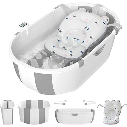 Collapsible Baby Bathtub for Infants to Toddlers with Soft Bath Cushion Foldable Baby Bath Tub with Thermometer and Drain Outlet, Baby Tub for Toddlers 0-6 Years Boys and Girls (Grey)