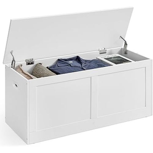 VASAGLE Storage Chest, Storage Trunk with 2 Safety Hinges, Storage Bench, Shoe Bench, Farmhouse Style, 15.7 x 39.4 x 18.3 Inches, for Entryway, Bedroom, Living Room, Cloud White ULSB164W01