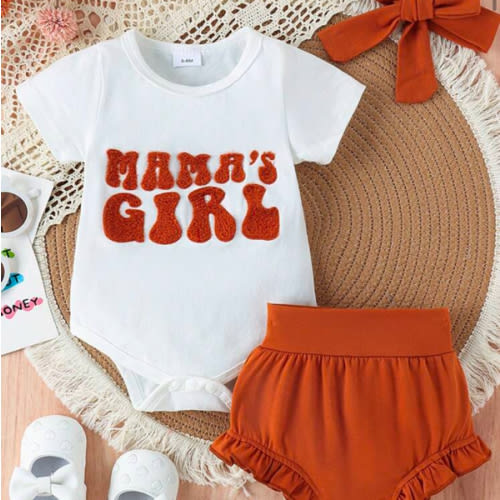 2pcs Baby Girls' Cute Letter Embossed Bodysuit And Ruffle Shorts, Summer